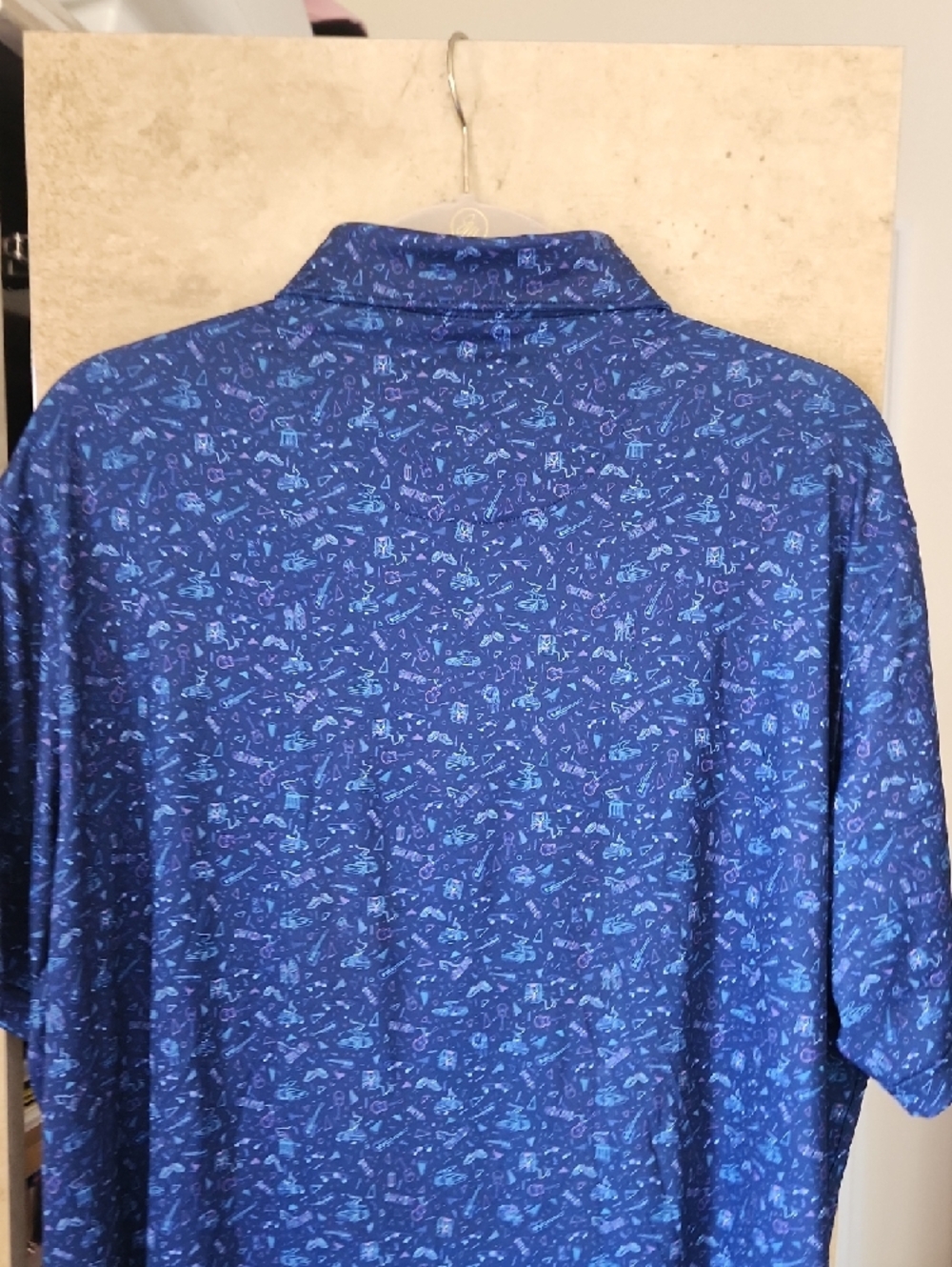 SALE!- Men's Peter Millar Navy Blue Printed Short-Sleeve Polo with Seahorse Logo - Picture 5 of 6